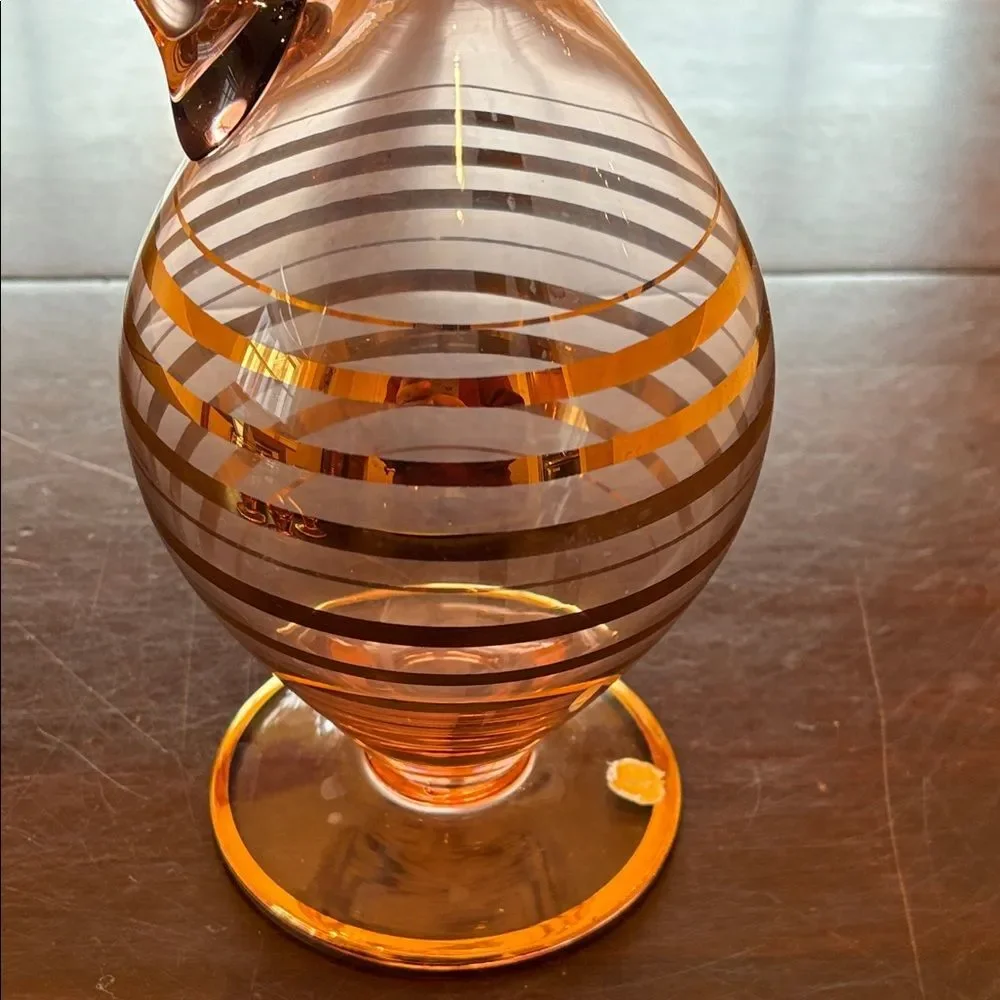 Vintage 1950s Handmade Romanian Amber Pink Glass Decanter Set